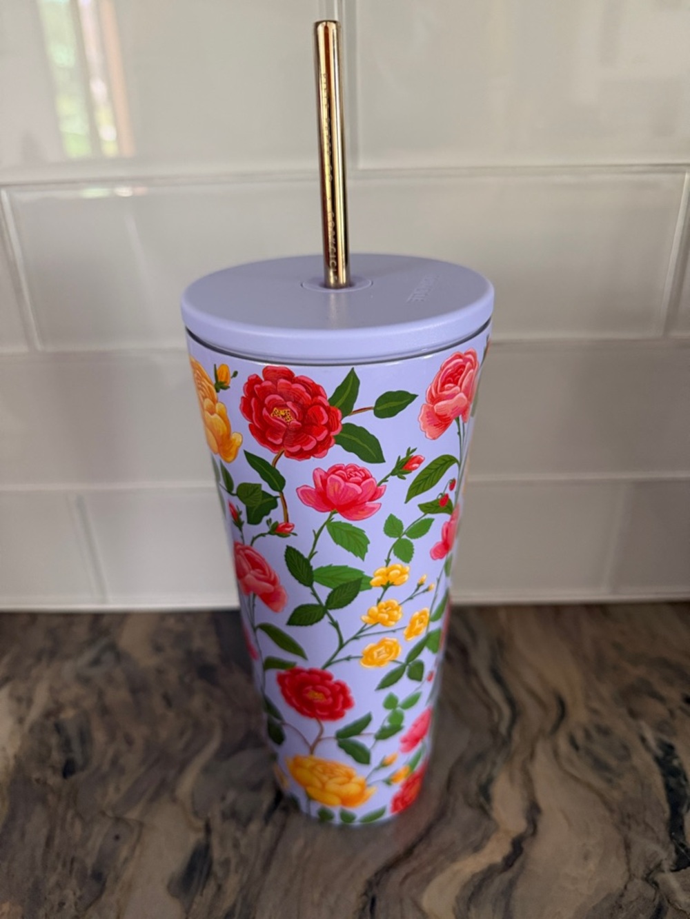 Floral Stainless Straw Tumbler - Lavender with Red & Yellow Roses